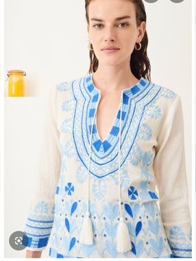 Antik Batik Tunic White & Blue Embroidery Ava Blouse